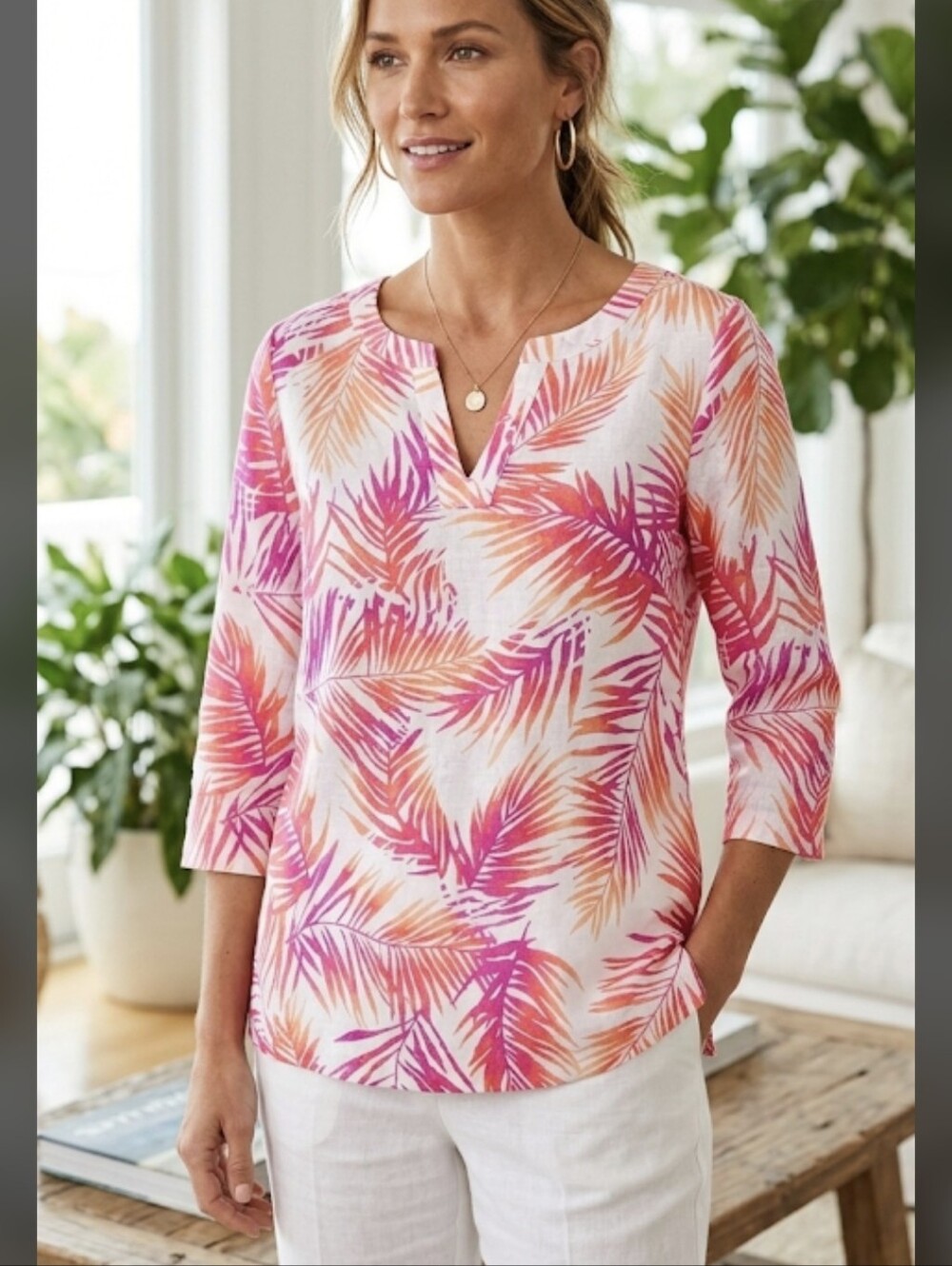 J Jill 100% Linen Topical Palm Leaf Print Popover Notch Neckline Side Slits